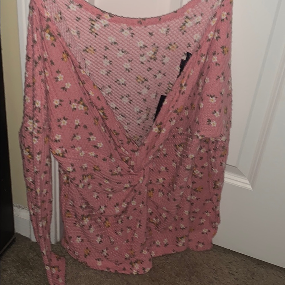 Waffle knit long sleeve floral open back top